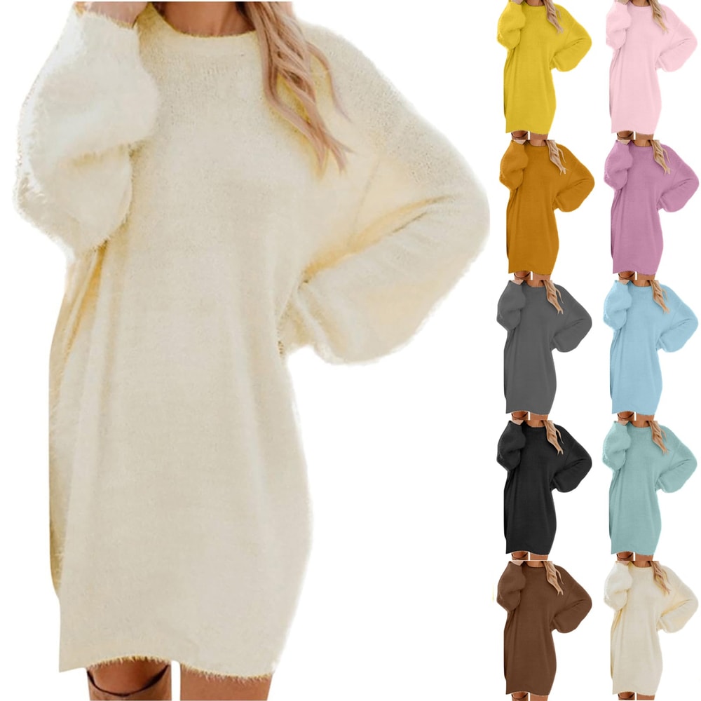 Oversized Basic Ladies Cloth, Women Winter Sweater Knit Crewneck, Warm Long Sleeve Casual Dress