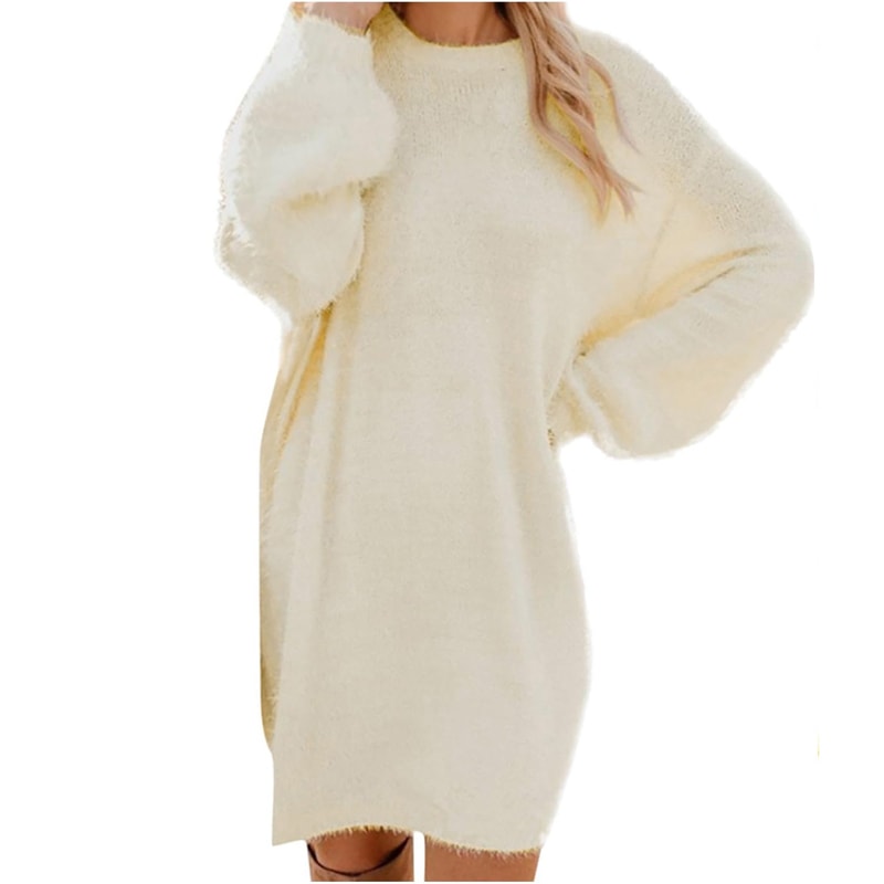 Oversized Basic Ladies Cloth, Women Winter Sweater Knit Crewneck, Warm Long Sleeve Casual Dress