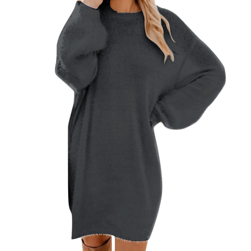 Oversized Basic Ladies Cloth, Women Winter Sweater Knit Crewneck, Warm Long Sleeve Casual Dress