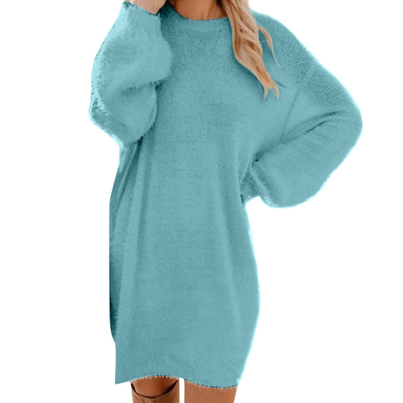 Oversized Basic Ladies Cloth, Women Winter Sweater Knit Crewneck, Warm Long Sleeve Casual Dress