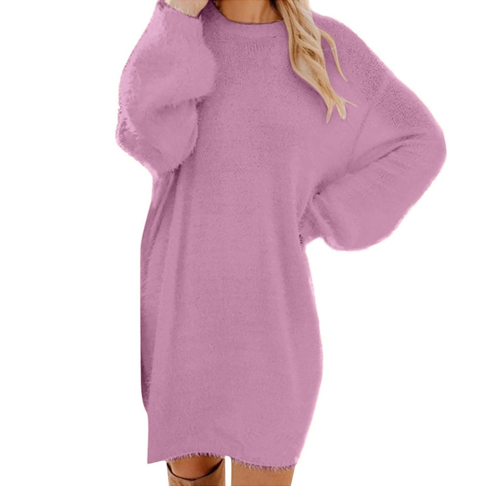 Oversized Basic Ladies Cloth, Women Winter Sweater Knit Crewneck, Warm Long Sleeve Casual Dress