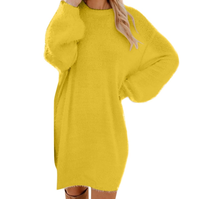 Oversized Basic Ladies Cloth, Women Winter Sweater Knit Crewneck, Warm Long Sleeve Casual Dress