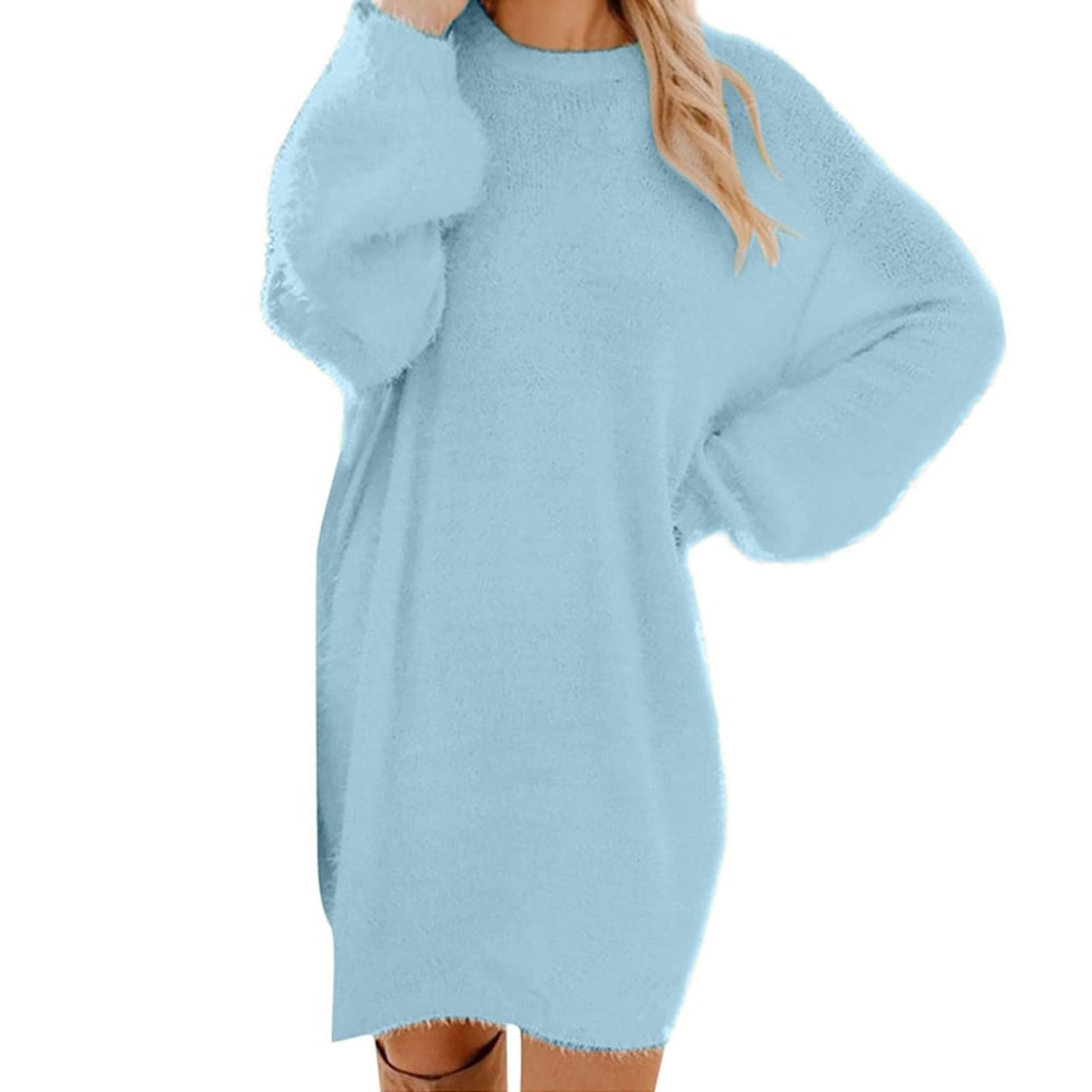 Oversized Basic Ladies Cloth, Women Winter Sweater Knit Crewneck, Warm Long Sleeve Casual Dress