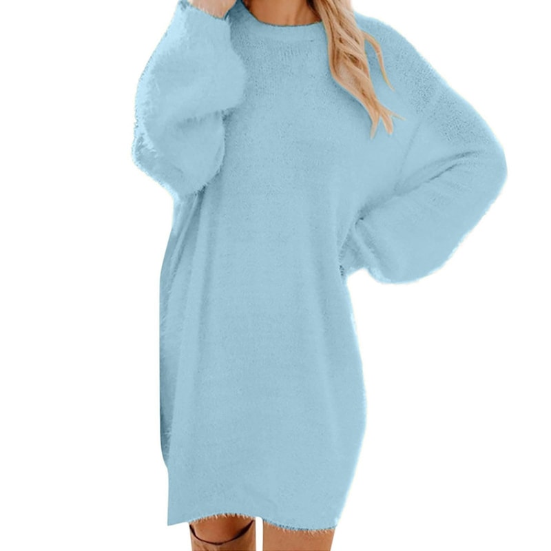 Oversized Basic Ladies Cloth, Women Winter Sweater Knit Crewneck, Warm Long Sleeve Casual Dress