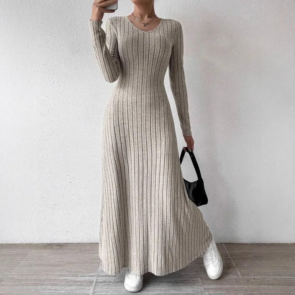 Solid Color Long Dress, Fashionable Knitted Long Sleeve A-Line Streetwear Dress for Women, Slimming Fit Dress