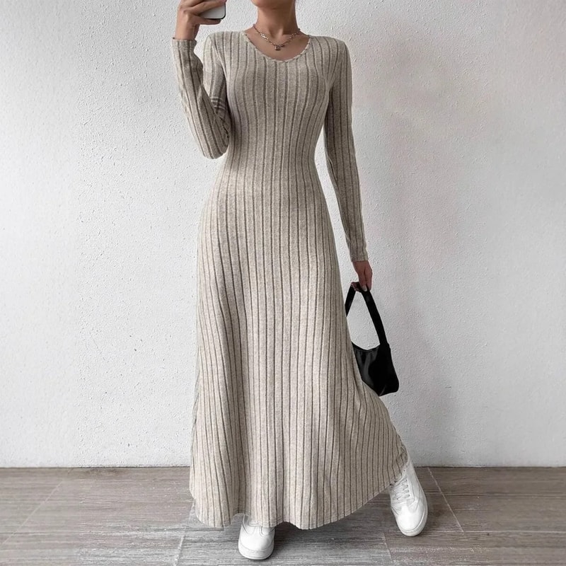 Solid Color Long Dress, Fashionable Knitted Long Sleeve A-Line Streetwear Dress for Women, Slimming Fit Dress