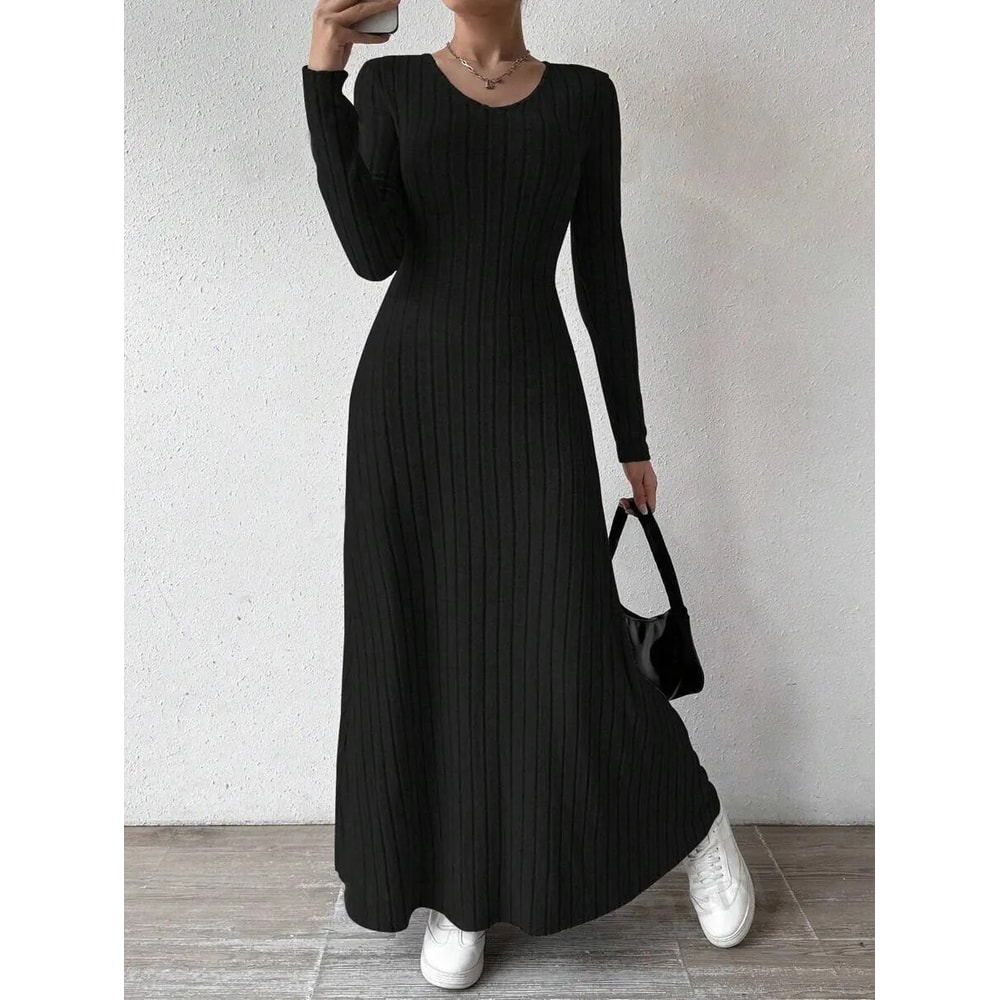 Solid Color Long Dress, Fashionable Knitted Long Sleeve A-Line Streetwear Dress for Women, Slimming Fit Dress