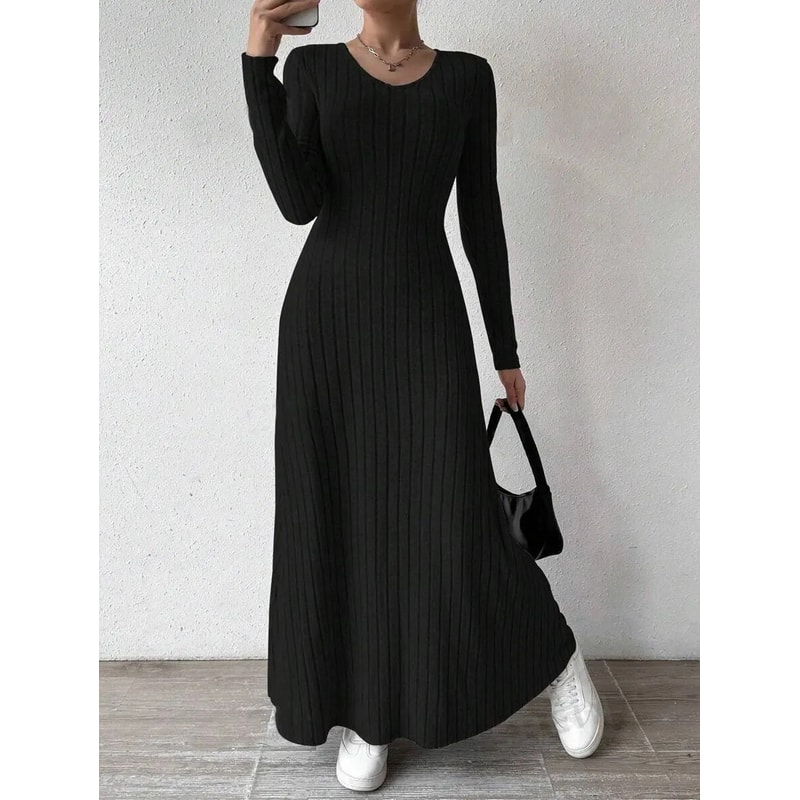 Solid Color Long Dress, Fashionable Knitted Long Sleeve A-Line Streetwear Dress for Women, Slimming Fit Dress