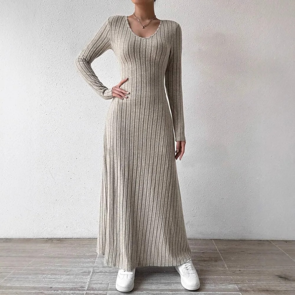 Solid Color Long Dress, Fashionable Knitted Long Sleeve A-Line Streetwear Dress for Women, Slimming Fit Dress