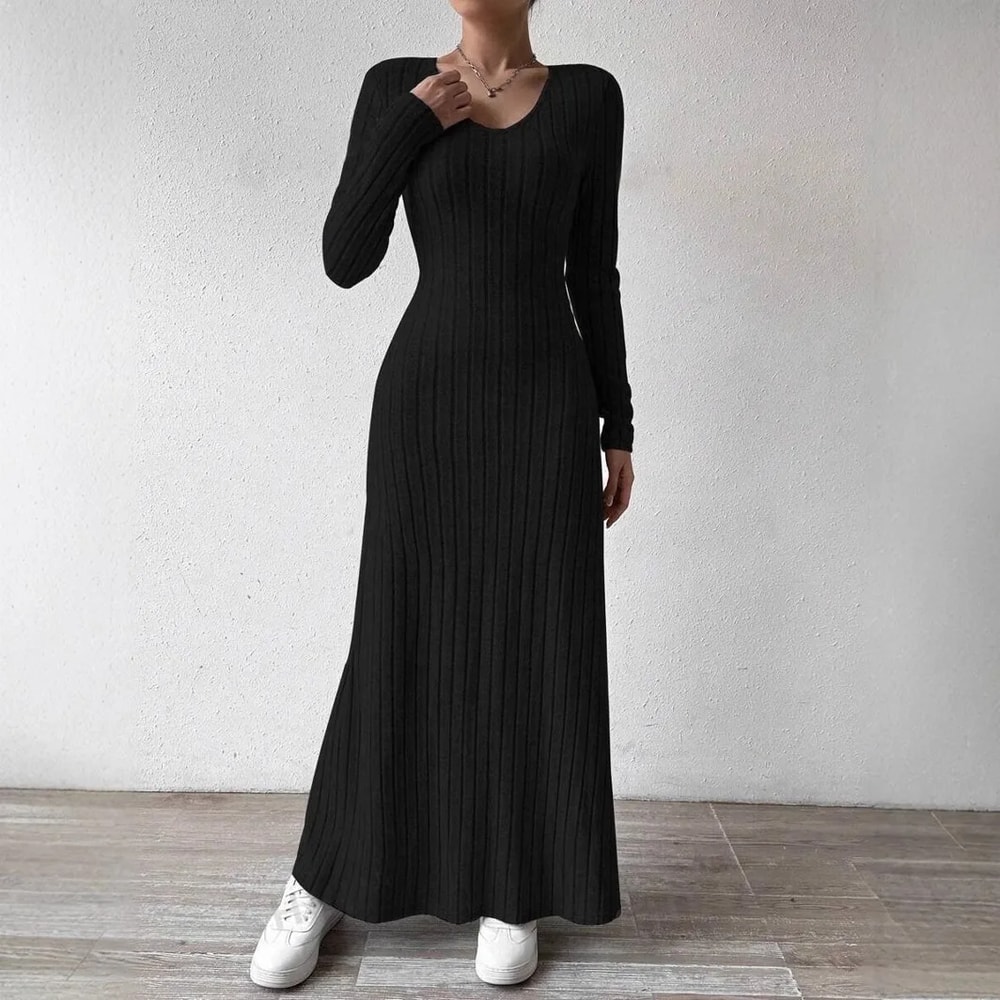 Solid Color Long Dress, Fashionable Knitted Long Sleeve A-Line Streetwear Dress for Women, Slimming Fit Dress