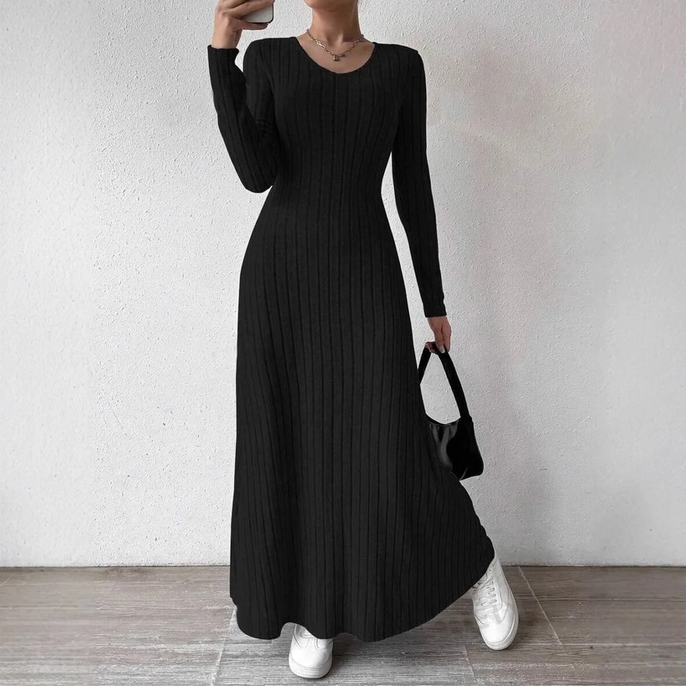 Solid Color Long Dress, Fashionable Knitted Long Sleeve A-Line Streetwear Dress for Women, Slimming Fit Dress