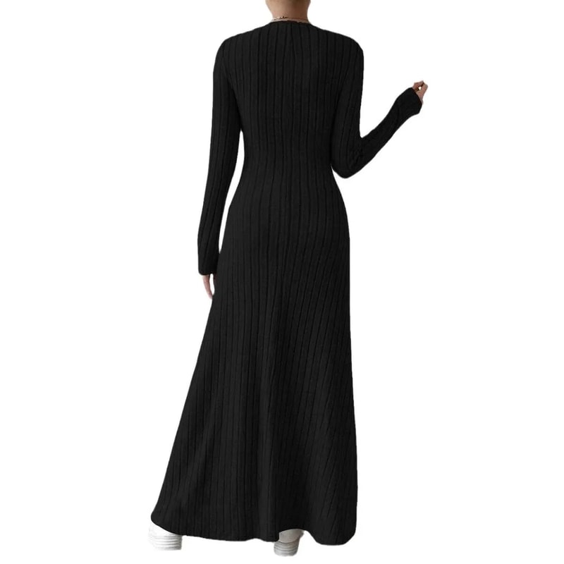 Solid Color Long Dress, Fashionable Knitted Long Sleeve A-Line Streetwear Dress for Women, Slimming Fit Dress