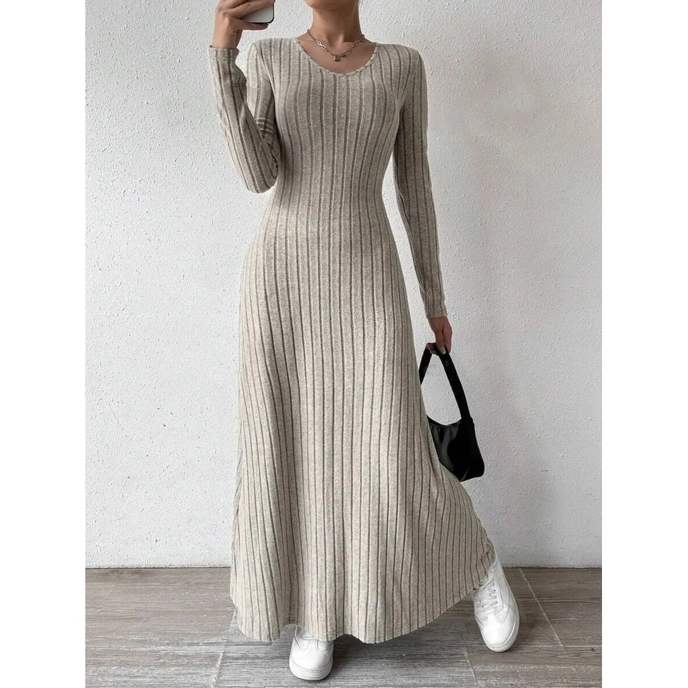Solid Color Long Dress, Fashionable Knitted Long Sleeve A-Line Streetwear Dress for Women, Slimming Fit Dress