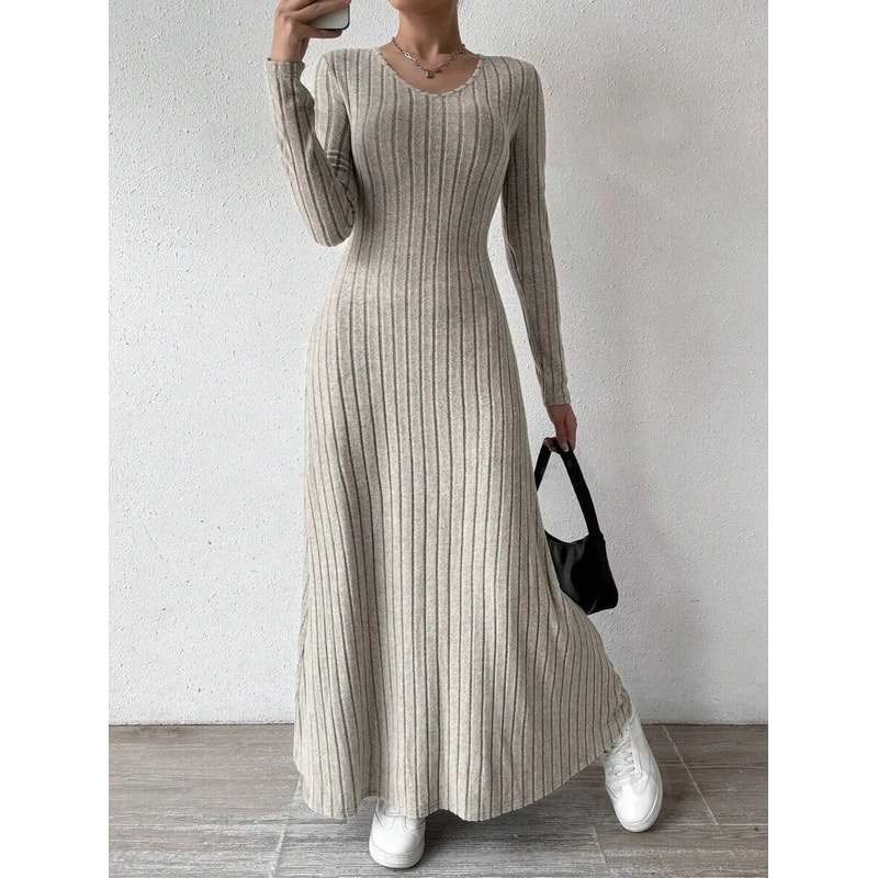 Solid Color Long Dress, Fashionable Knitted Long Sleeve A-Line Streetwear Dress for Women, Slimming Fit Dress