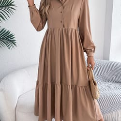 spring and autumn casual vacation long sleeved turn-down collar single-breasted dress for women