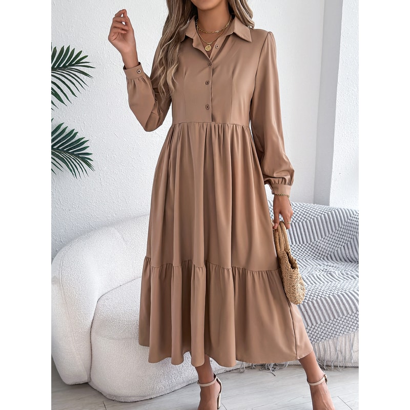 Spring and Autumn Casual Vacation Long Sleeved Turn-down Collar Single-Breasted Dress for Women