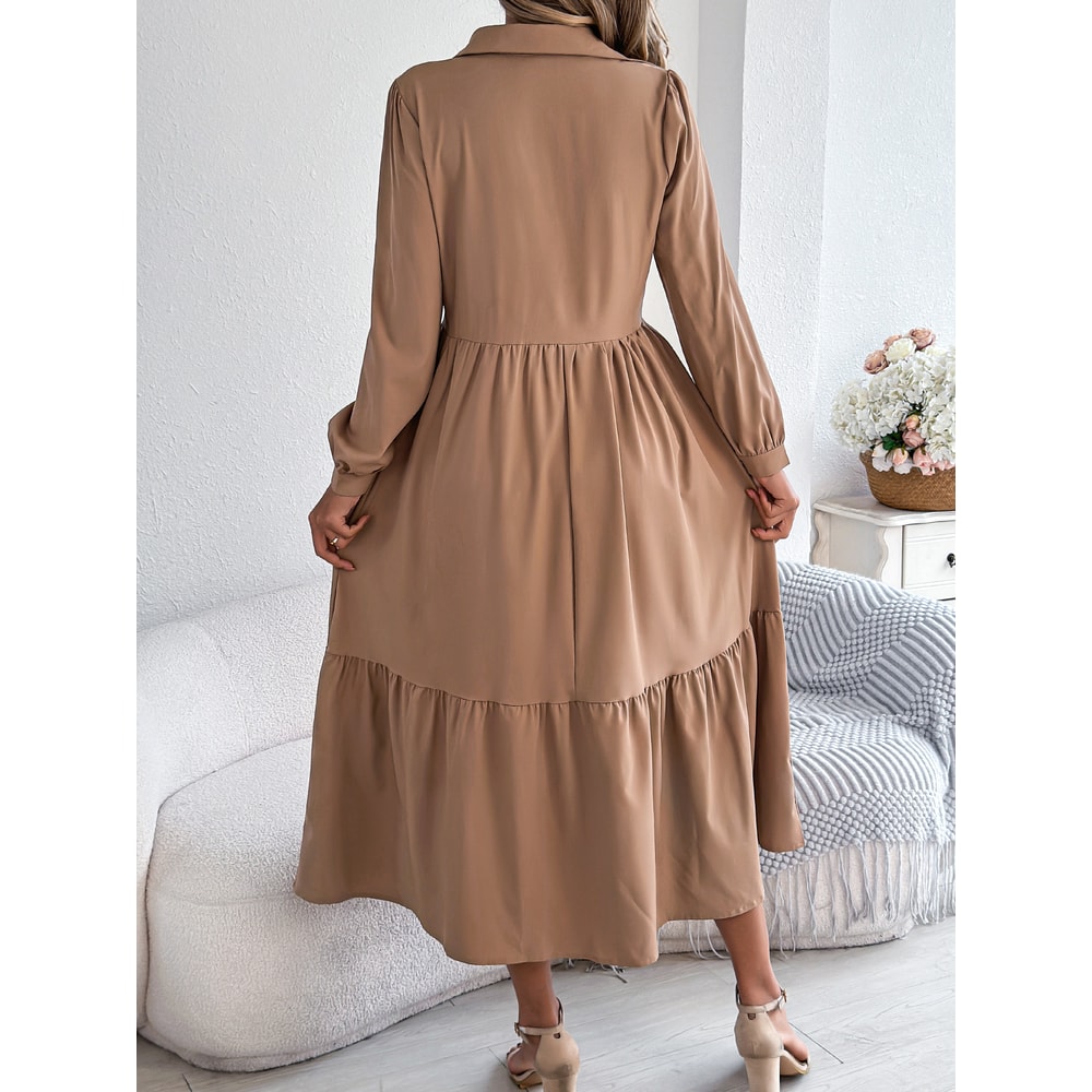Spring and Autumn Casual Vacation Long Sleeved Turn-down Collar Single-Breasted Dress for Women