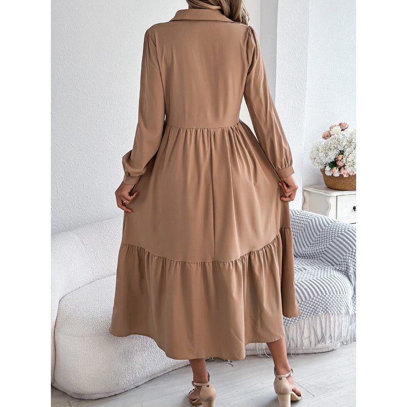 Spring and Autumn Casual Vacation Long Sleeved Turn-down Collar Single-Breasted Dress for Women