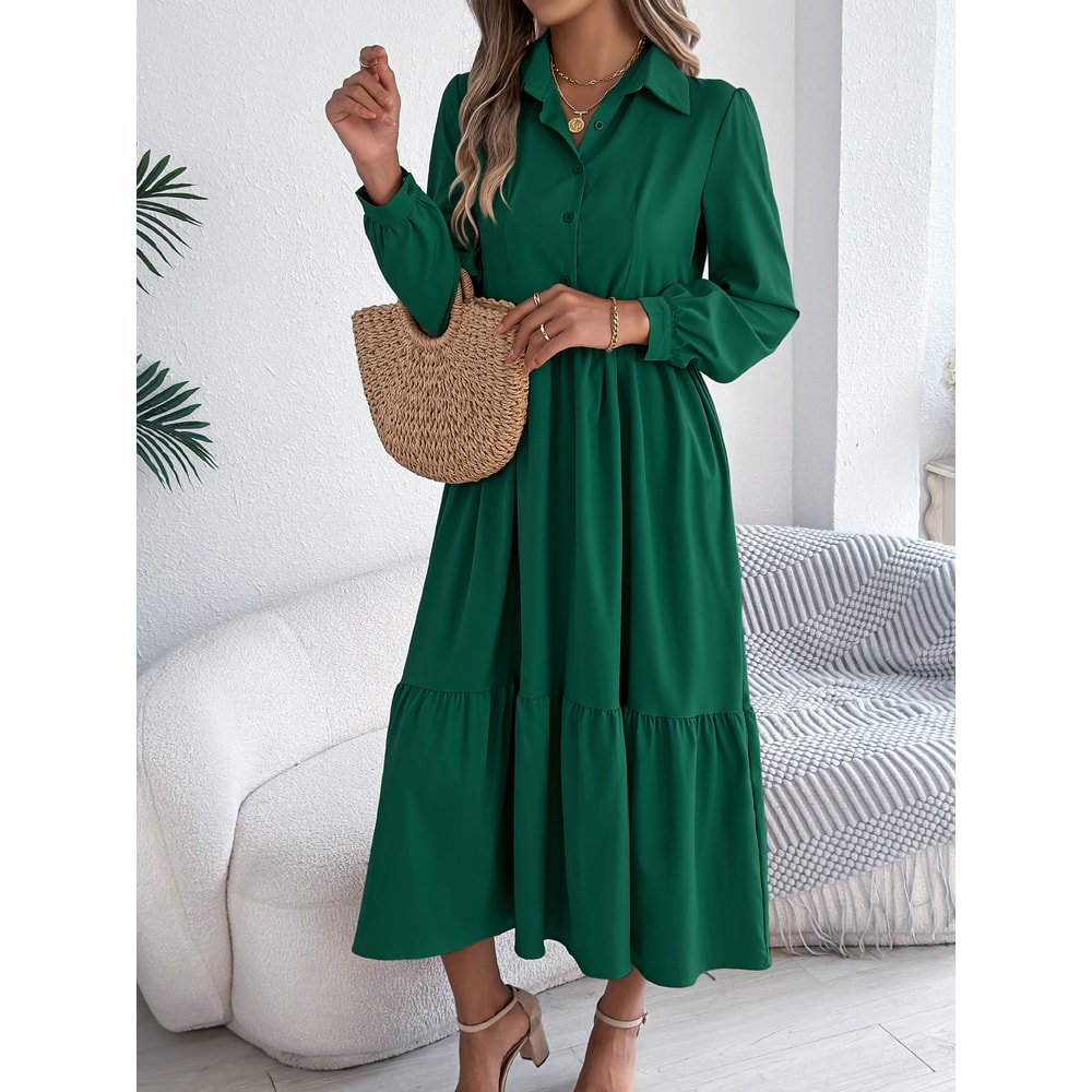 Spring and Autumn Casual Vacation Long Sleeved Turn-down Collar Single-Breasted Dress for Women