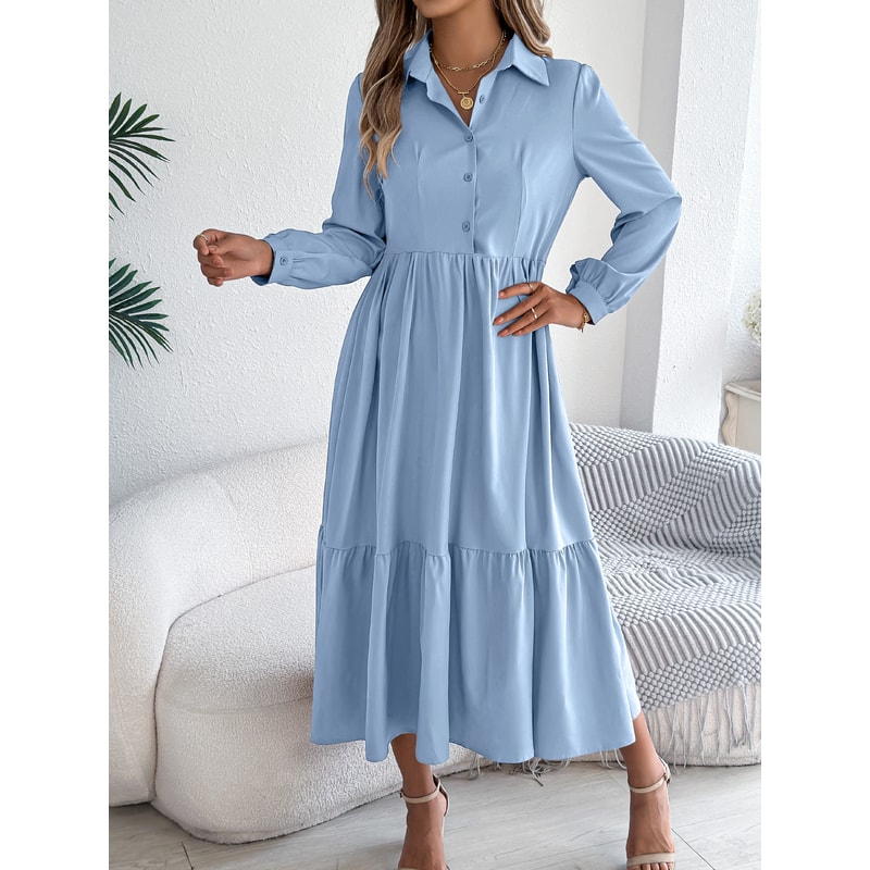 Spring and Autumn Casual Vacation Long Sleeved Turn-down Collar Single-Breasted Dress for Women