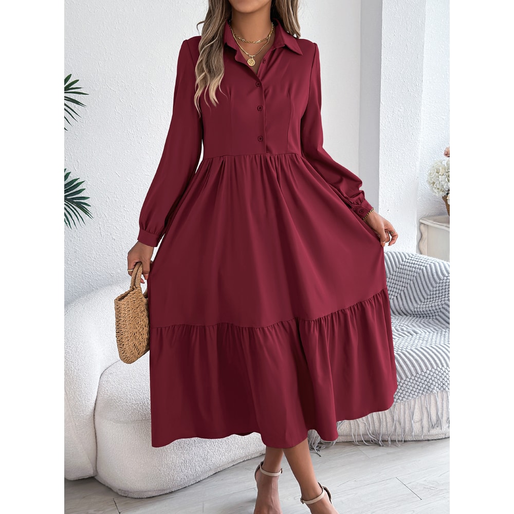 Spring and Autumn Casual Vacation Long Sleeved Turn-down Collar Single-Breasted Dress for Women