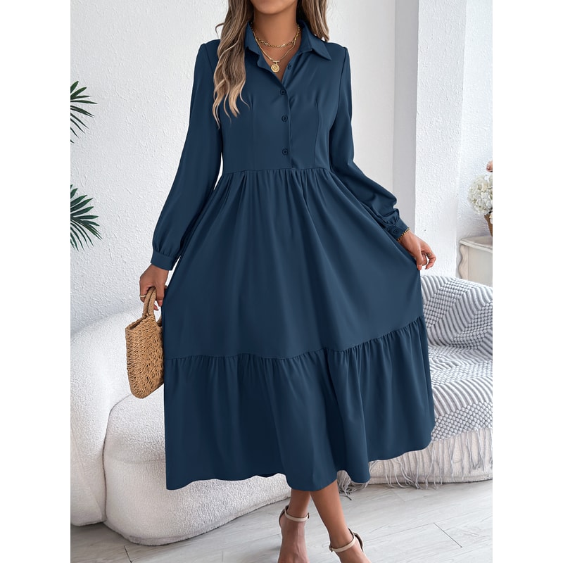 Spring and Autumn Casual Vacation Long Sleeved Turn-down Collar Single-Breasted Dress for Women