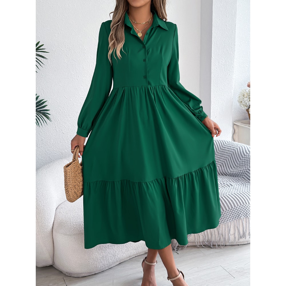 Spring and Autumn Casual Vacation Long Sleeved Turn-down Collar Single-Breasted Dress for Women
