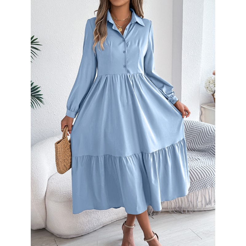 Spring and Autumn Casual Vacation Long Sleeved Turn-down Collar Single-Breasted Dress for Women