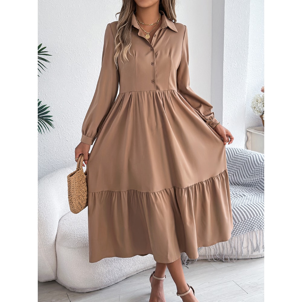 Spring and Autumn Casual Vacation Long Sleeved Turn-down Collar Single-Breasted Dress for Women