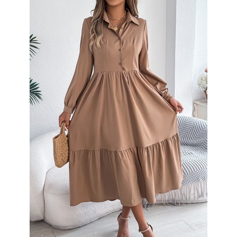 Spring and Autumn Casual Vacation Long Sleeved Turn-down Collar Single-Breasted Dress for Women