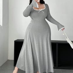 slim a-line draped dress maxi for plus size women - elegant pure color knit outfit - best autumn choice
