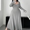 Slim A-Line Draped Dress Maxi for Plus Size Women - Elegant Pure Color Knit Outfit - Best Autumn Choice