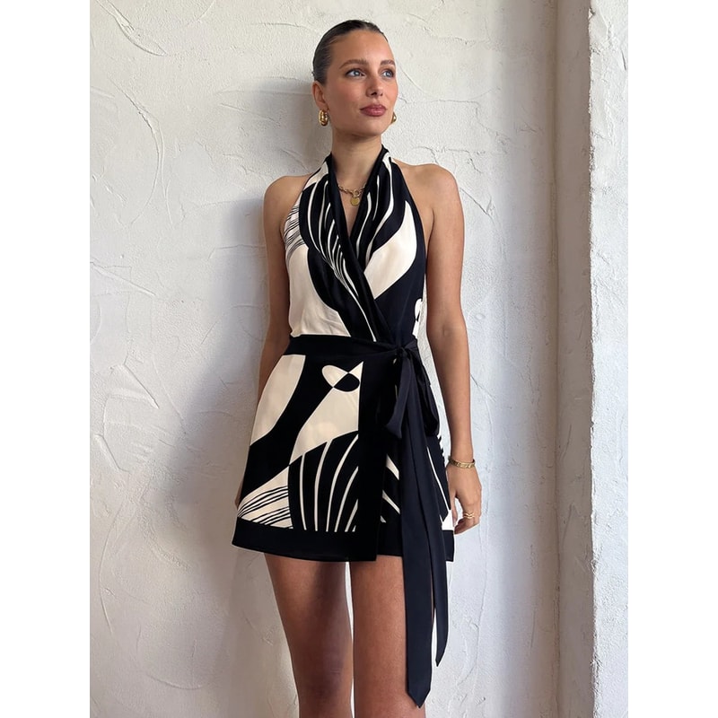 Sexy A-Line Dress Women Fashion Halter Lace-Up Backless V-neck Slim Sheath Sleeveless Club Print Bodycon Vestidos Robe