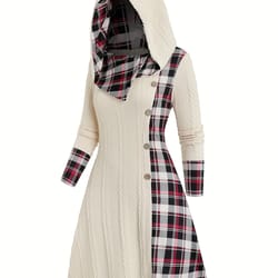 plaid print knitted hooded dress, fake buckle high waist, long sleeve a-line dress