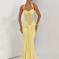 sexy patchwork elegant maxi dress women trendy halter backless bodycon with sheer ribbons for evening wear