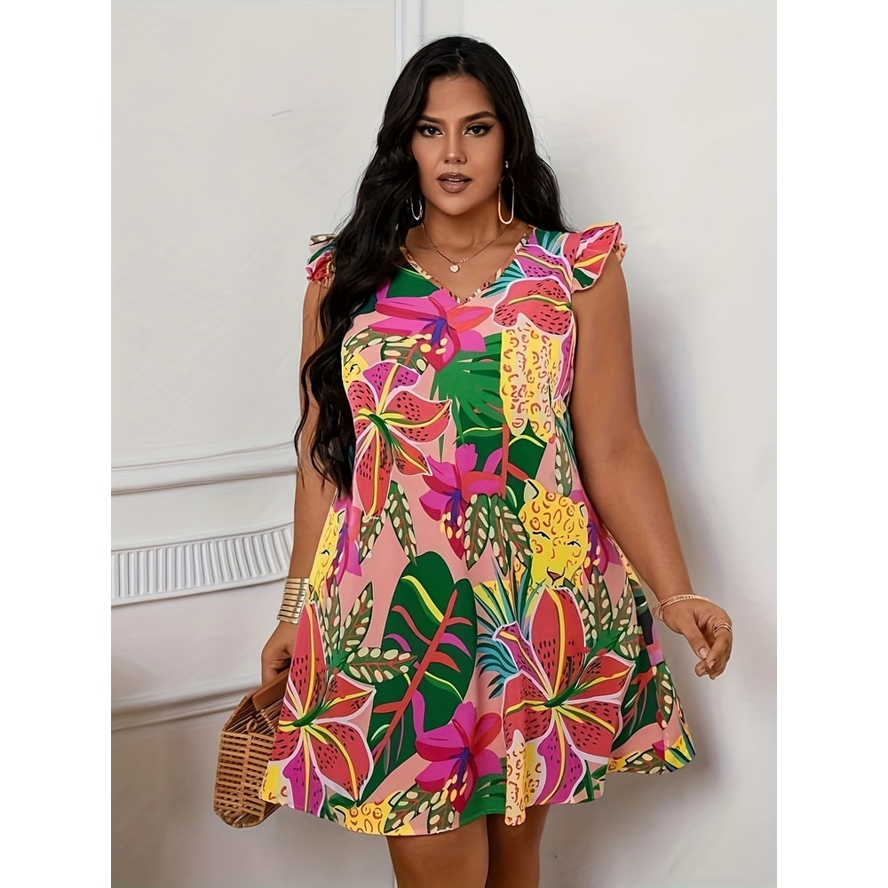 Plus Size Floral Print V Neck Dress Casual Summer Vacation Butterfly Sleeve Curve Clothing for Women