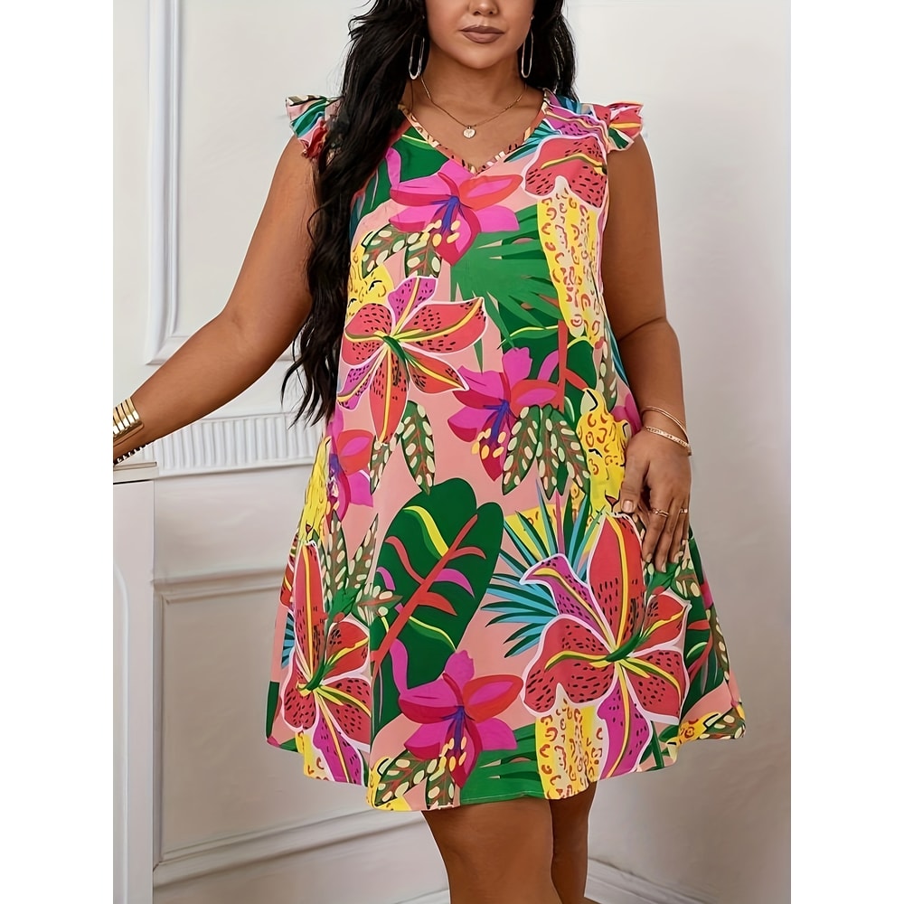 Plus Size Floral Print V Neck Dress Casual Summer Vacation Butterfly Sleeve Curve Clothing for Women