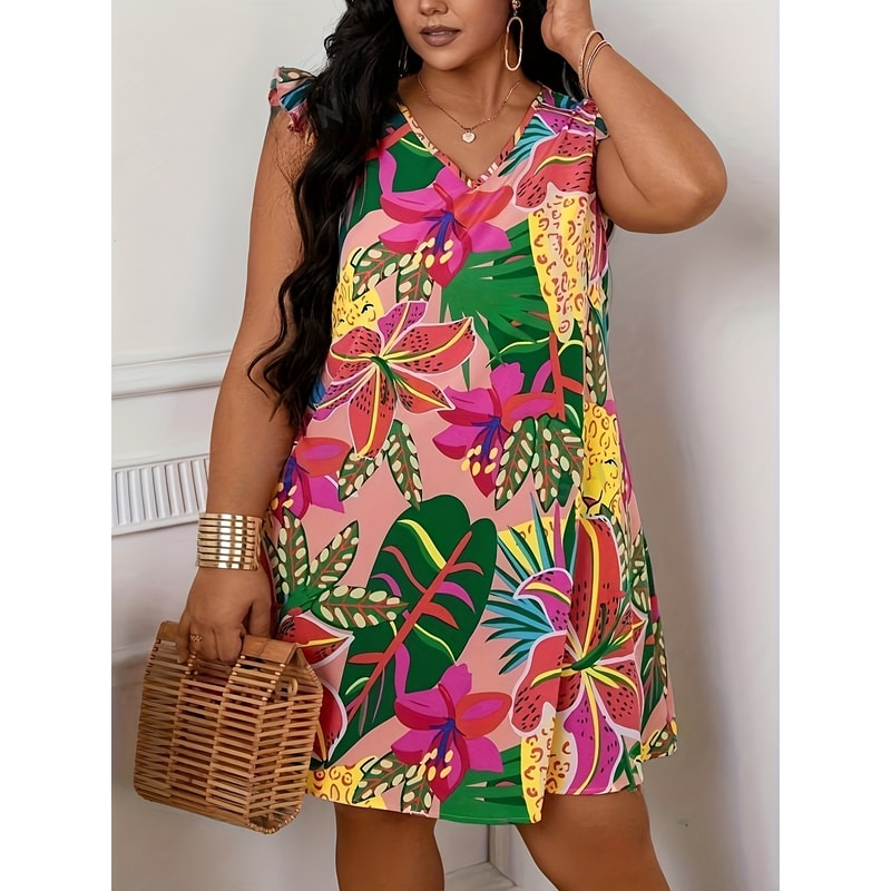 Plus Size Floral Print V Neck Dress Casual Summer Vacation Butterfly Sleeve Curve Clothing for Women