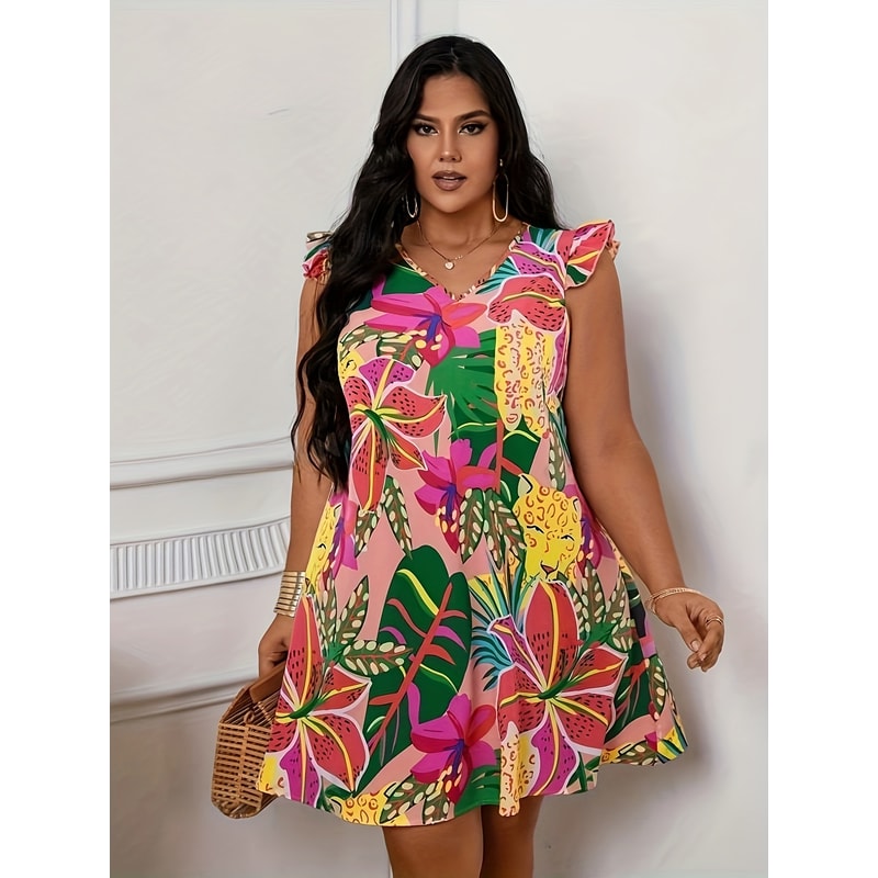 Plus Size Floral Print V Neck Dress Casual Summer Vacation Butterfly Sleeve Curve Clothing for Women