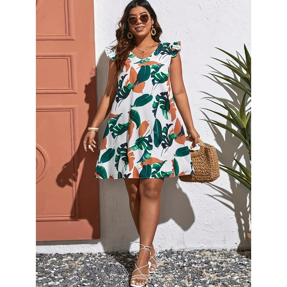 Plus Size Floral Print V Neck Dress Casual Summer Vacation Butterfly Sleeve Curve Clothing for Women