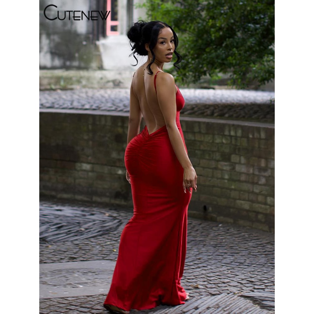 Nibber Red Shiny Spaghetti Strap Maxi Dress Women Solid Sexy Backless Ruched Cleavage Bodyshaping R 2