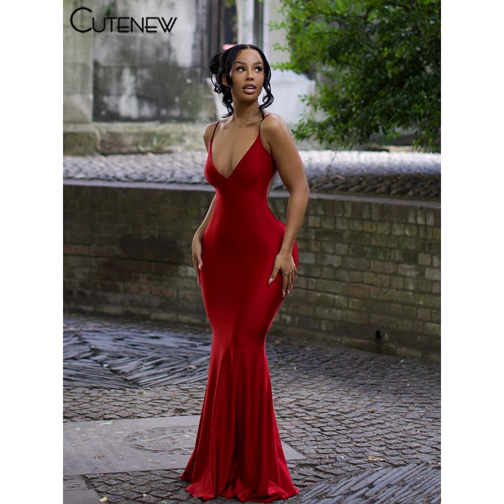 Nibber Red Shiny Spaghetti Strap Maxi Dress Women Solid Sexy Backless Ruched Cleavage Bodyshaping R 3