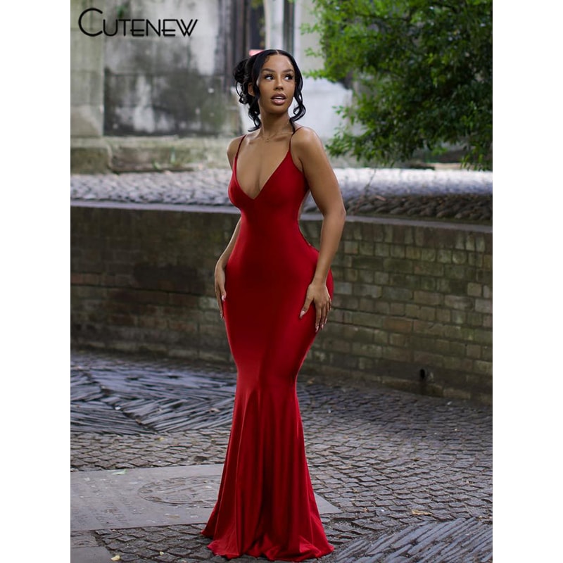 Nibber Red Shiny Spaghetti Strap Maxi Dress Women Solid Sexy Backless Ruched Cleavage Bodyshaping R 3