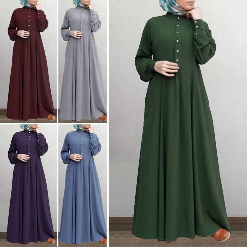 Spring Casual Loose Waist Retro Muslim Abaya Long Robe Big Swing Style Cotton Solid Color Patchwork Dress
