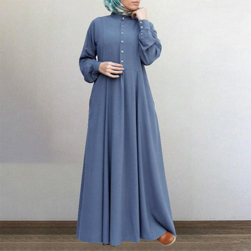 Spring Casual Loose Waist Retro Muslim Abaya Long Robe Big Swing Style Cotton Solid Color Patchwork Dress