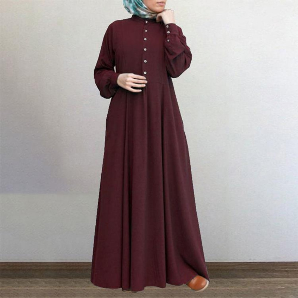Spring Casual Loose Waist Retro Muslim Abaya Long Robe Big Swing Style Cotton Solid Color Patchwork Dress