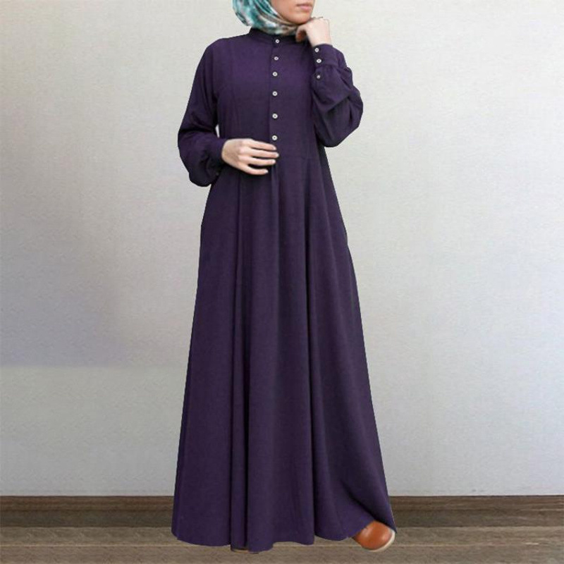 Spring Casual Loose Waist Retro Muslim Abaya Long Robe Big Swing Style Cotton Solid Color Patchwork Dress