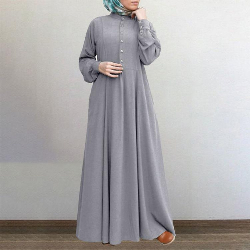 Spring Casual Loose Waist Retro Muslim Abaya Long Robe Big Swing Style Cotton Solid Color Patchwork Dress