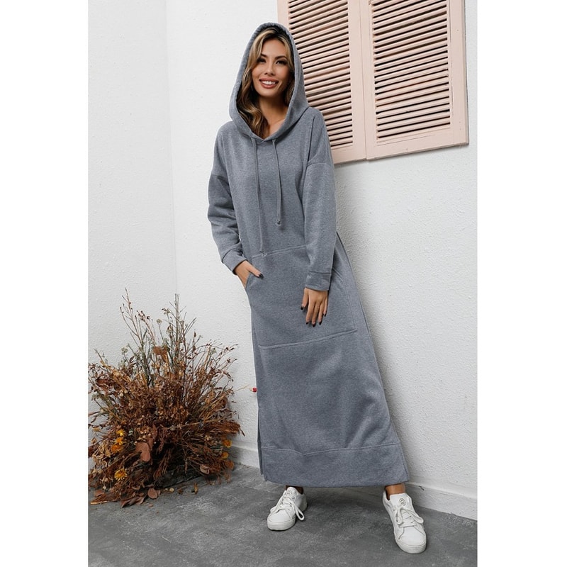 Winter Warm Midi Robe Hooded Long Sweatshirt Dress Casual Vestidos