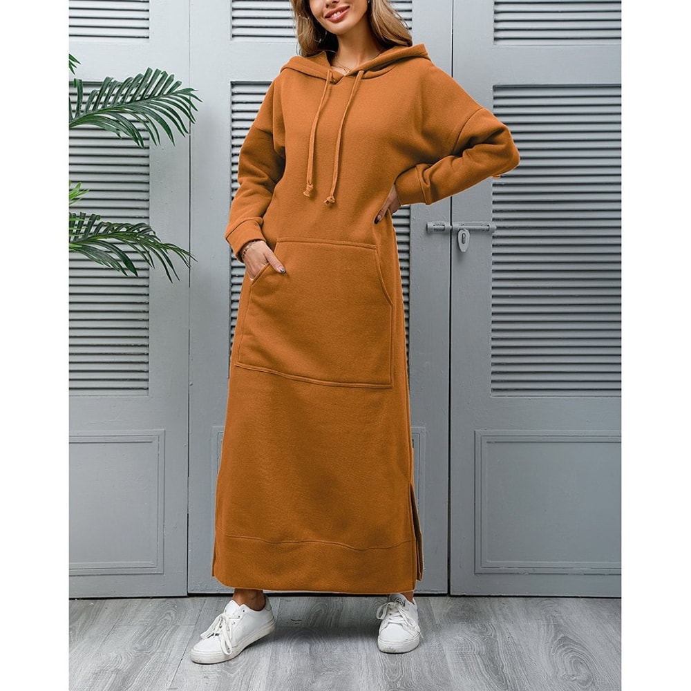 Winter Warm Midi Robe Hooded Long Sweatshirt Dress Casual Vestidos